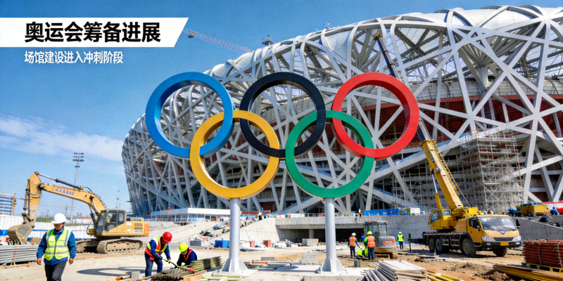 奥运会筹备进展新闻配图 - 奥运五环标志与体育场